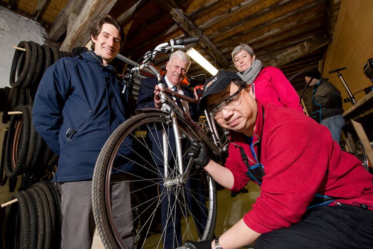 ReCycle 1 L2R McCann from MerseyCycle; Merseyside Recycling and Waste Authority chairperson Councillor Graham Morgan Lou Henderson from Pedal Away and ReCycle volunteer Peter Chan